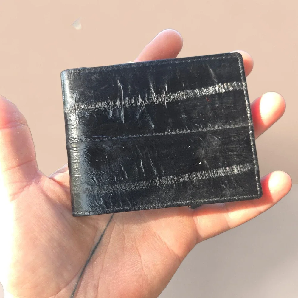 VTG‎ Minimalist Leather Wallet Black Genuine Eel Skin? Bifold Flip ID Window USA